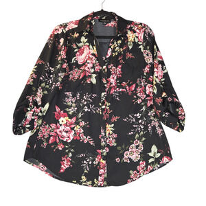 Fortune + Ivy‎ Womens Medium Button Up Blouse Floral Semi Sheer Round Hem Flowy